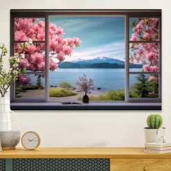 Landscape Wall Art Canvas False Window Spring Cherry Blossoms Prints and Posters Pictures Decorative Fabric Painting For Living Room Pictures No Frame