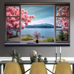 Landscape Wall Art Canvas False Window Spring Cherry Blossoms Prints and Posters Pictures Decorative Fabric Painting For Living Room Pictures No Frame