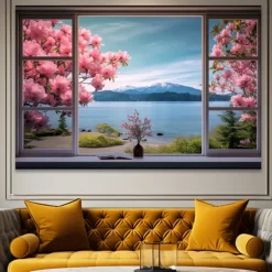 Landscape Wall Art Canvas False Window Spring Cherry Blossoms Prints and Posters Pictures Decorative Fabric Painting For Living Room Pictures No Frame