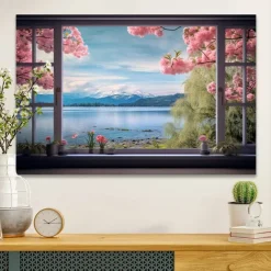 Landscape Wall Art Canvas False Window Spring Cherry Blossoms Prints and Posters Pictures Decorative Fabric Painting For Living Room Pictures No Frame