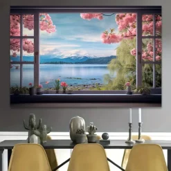Landscape Wall Art Canvas False Window Spring Cherry Blossoms Prints and Posters Pictures Decorative Fabric Painting For Living Room Pictures No Frame