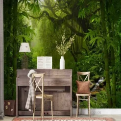 Landscape Wallpaper Mural Green Forest Wall Covering Sticker Peel and Stick Removable PVC/Vinyl Material Self Adhesive/Adhesive Required Wall Decor for Living Room Kitchen Bathroom
