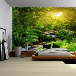 Landscape Waterfall Forest Hanging Tapestry Wall Art Large Tapestry Mural Decor Photograph Backdrop Blanket Curtain Home Bedroom Living Room Decoration