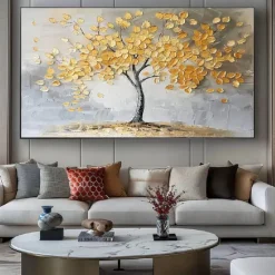 Large 100% hand painted Golden Tree Oil Painting on Canvas gold Flower Tree Oil Painting Large Abstract Textured Gold Yellow Life Tree Wall Art Custom Modern Trendy Living Room Decor