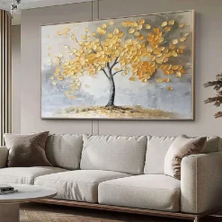 Large 100% hand painted Golden Tree Oil Painting on Canvas gold Flower Tree Oil Painting Large Abstract Textured Gold Yellow Life Tree Wall Art Custom Modern Trendy Living Room Decor