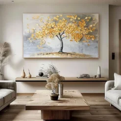 Large 100% hand painted Golden Tree Oil Painting on Canvas gold Flower Tree Oil Painting Large Abstract Textured Gold Yellow Life Tree Wall Art Custom Modern Trendy Living Room Decor