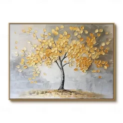 Large 100% hand painted Golden Tree Oil Painting on Canvas gold Flower Tree Oil Painting Large Abstract Textured Gold Yellow Life Tree Wall Art Custom Modern Trendy Living Room Decor