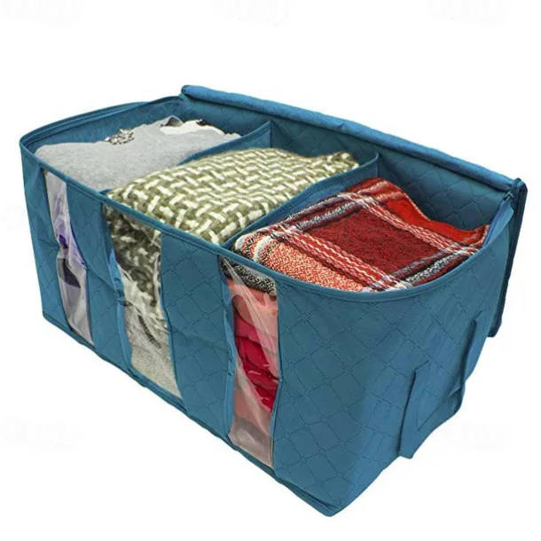 Large Capacity Clothes Storage Bag Organizer with Reinforced Handle Thick Fabric for Comforters Blankets Bedding Foldable with Sturdy Zipper 61X33X31cm