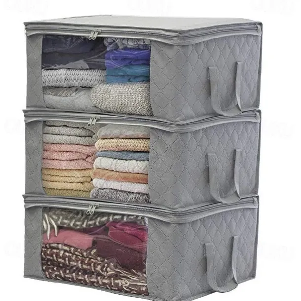 Large Capacity Clothes Storage Bag Organizer with Reinforced Handle Thick Fabric for Comforters Blankets Bedding Foldable with Sturdy Zipper 49X36X21cm 1PC