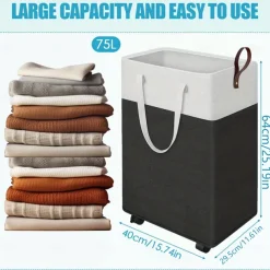 Large Capacity Laundry Basket, 75L/90L, Stylish Black, Features 2 Long Handles and 1 Side Carry Handle, Foldable Storage Bin, Waterproof Dirty Clothes Basket, Ideal for Bathrooms, Bedrooms, Dorms, and RVs