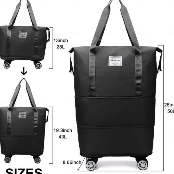 Large Capacity Travel Bag, Rolling Duffle with Spinner Wheels, Waterproof Weekender Tote, Dry Wet Separation, Laptop Compartment, for Business, Gym, Camp