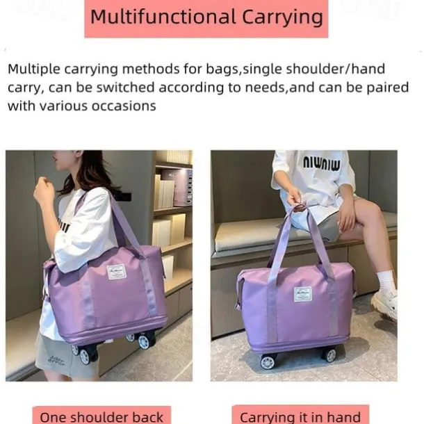 Large Capacity Travel Bag, Rolling Duffle with Spinner Wheels, Waterproof Weekender Tote, Dry Wet Separation, Laptop Compartment, for Business, Gym, Camp