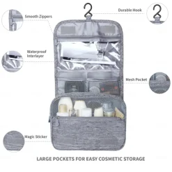 Large Capacity Waterproof Toiletry Bag with Hooks - Unisex Travel Bag for Full-Size Shampoo, Makeup, and Bathroom Accessories - Travel Makeup Brush Set Included