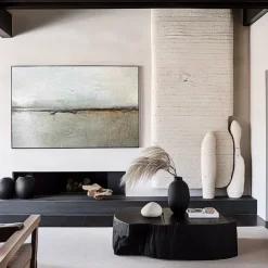 Large Creamy Beige Abstract Geometric Oil Painting Handmade sea painting Hand Painted Modern Wabi Sabi Wall Art Brown and Black Minimalist Wall Art Beige Textured Painting