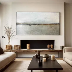 Large Creamy Beige Abstract Geometric Oil Painting Handmade sea painting Hand Painted Modern Wabi Sabi Wall Art Brown and Black Minimalist Wall Art Beige Textured Painting