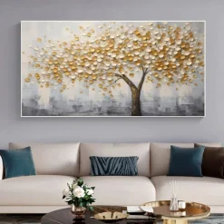 Large 3D Golden Tree Canvas Oil Painting handmade Autumn Nature Landscape painting handmade Wall Art Botanical Knife Painting Light Luxury for Living Room Decor
