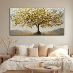 Large 3D Golden Tree Canvas Oil Painting handmade Autumn Nature Landscape painting handmade Wall Art Botanical Knife Painting Light Luxury for Living Room Decor