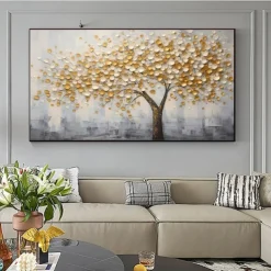 Large 3D Golden Tree Canvas Oil Painting handmade Autumn Nature Landscape painting handmade Wall Art Botanical Knife Painting Light Luxury for Living Room Decor
