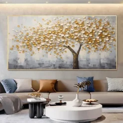 Large 3D Golden Tree Canvas Oil Painting handmade Autumn Nature Landscape painting handmade Wall Art Botanical Knife Painting Light Luxury for Living Room Decor