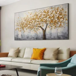Large 3D Golden Tree Canvas Oil Painting handmade Autumn Nature Landscape painting handmade Wall Art Botanical Knife Painting Light Luxury for Living Room Decor