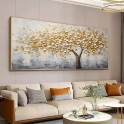 Large 3D Golden Tree Canvas Oil Painting handmade Autumn Nature Landscape painting handmade Wall Art Botanical Knife Painting Light Luxury for Living Room Decor