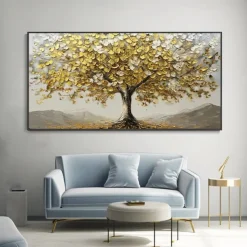 Large 3D Golden Tree Canvas Oil Painting handmade Autumn Nature Landscape painting handmade Wall Art Botanical Knife Painting Light Luxury for Living Room Decor