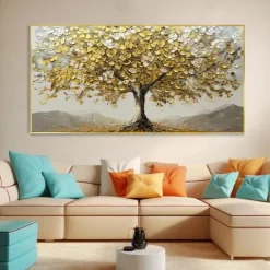 Large 3D Golden Tree Canvas Oil Painting handmade Autumn Nature Landscape painting handmade Wall Art Botanical Knife Painting Light Luxury for Living Room Decor