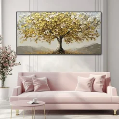 Large 3D Golden Tree Canvas Oil Painting handmade Autumn Nature Landscape painting handmade Wall Art Botanical Knife Painting Light Luxury for Living Room Decor