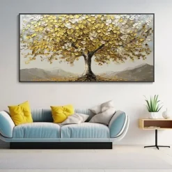 Large 3D Golden Tree Canvas Oil Painting handmade Autumn Nature Landscape painting handmade Wall Art Botanical Knife Painting Light Luxury for Living Room Decor