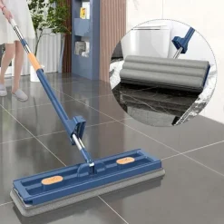 Large Flat Mop, 360° Rotatable Large Surface Microfiber Flat Squeeze Mop, with Dewatering Scraper Tool, Stainless Steel Long Handle Mop for Floor, Window