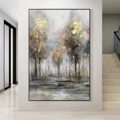 Large gold silver tree painting handpainted Abstract Floral oil painting handmade wall art Palette Knife Landscape Paintings Spring gold Flowers Painting Modern Decorative tree Paintings artwork