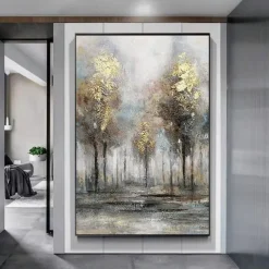 Large gold silver tree painting handpainted Abstract Floral oil painting handmade wall art Palette Knife Landscape Paintings Spring gold Flowers Painting Modern Decorative tree Paintings artwork