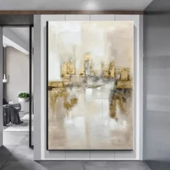 Large hand painted Gold Leaf Painting On Canvas Abstract Beige Oil Painting Luxury Art Textured Painting Hand Painted Art Golden oil painting Wall Decoration for hotel decoration