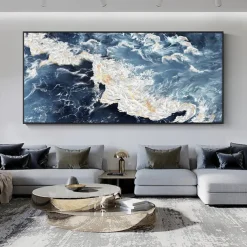 Large hand painted Sea Canvas Oil Painting Handmade Blue Sea Landscape Abstract painting hand painted White Wave Painting Textured Sea Painting Mother Gift for Living Room Decor