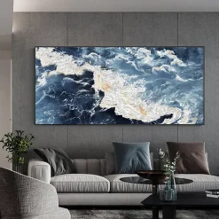 Large hand painted Sea Canvas Oil Painting Handmade Blue Sea Landscape Abstract painting hand painted White Wave Painting Textured Sea Painting Mother Gift for Living Room Decor