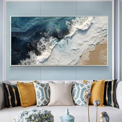 Large hand painted Sea Canvas Oil Painting Handmade Blue Sea Landscape Abstract painting hand painted White Wave Painting Textured Sea Painting Mother Gift for Living Room Decor