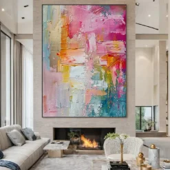 Large handmade textured pink abstract oil painting colorful oil painting handmade textured painting modern office artwoek for living room wall decoration