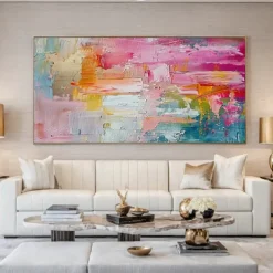 Large handmade textured pink abstract oil painting colorful oil painting handmade textured painting modern office artwoek for living room wall decoration