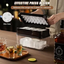 Large Ice Cube Tray with Lid and Bin Ice Trays for Freezer 2 INCH Whiskey Ice Cubes Mold 1*8 pcs Square Ice Cube Mold with Tong Easy to Release Large Ice Tray for Whiskey Cocktail Bourbon