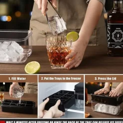 Large Ice Cube Tray with Lid and Bin Ice Trays for Freezer 2 INCH Whiskey Ice Cubes Mold 1*8 pcs Square Ice Cube Mold with Tong Easy to Release Large Ice Tray for Whiskey Cocktail Bourbon