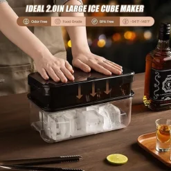Large Ice Cube Tray with Lid and Bin Ice Trays for Freezer 2 INCH Whiskey Ice Cubes Mold 1*8 pcs Square Ice Cube Mold with Tong Easy to Release Large Ice Tray for Whiskey Cocktail Bourbon