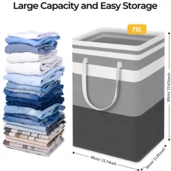Large Laundry Basket Waterproof Freestanding Laundry Hamper Collapsible Tall Clothes Hamper with Extended Handles for Clothes Toys in the Dorm and Family-(Gradient Grey 75L)