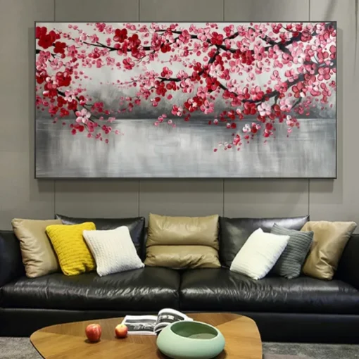 Large Plum Blossom Oil Painting Hand painted Pink Flowers Canvas Wall Art Thick Texture Palette Knife Painting Bedside Art Anniversary Gift Home Decor