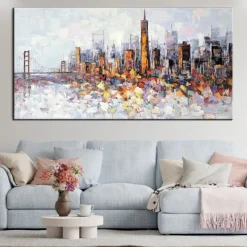 Large wall art Handmade San Francisco skyline painting Hand Painted Wall Art Black and white abstract art Palette knife city art picture Home Decoration Decor Rolled Canvas