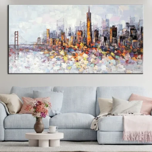 Large wall art Handmade San Francisco skyline painting Hand Painted Wall Art Black and white abstract art Palette knife city art picture Home Decoration Decor Rolled Canvas