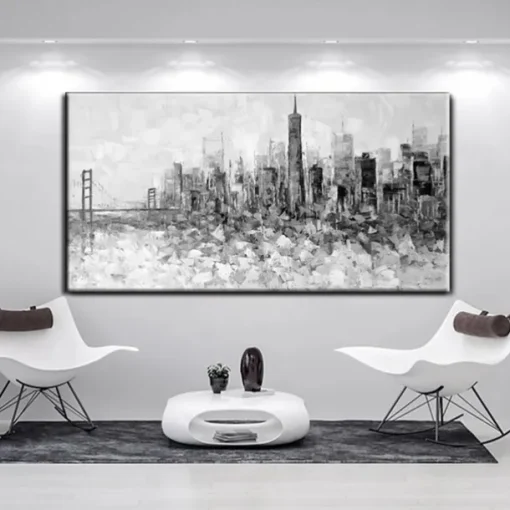 Large wall art Handmade San Francisco skyline painting Hand Painted Wall Art Black and white abstract art Palette knife city art picture Home Decoration Decor Rolled Canvas