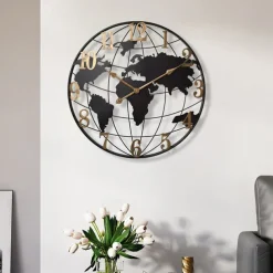 Large Wall Clock World Map Modern Mute Simple Round Iron Design Living Room Corridor Decoration Electronic Clock 60cm