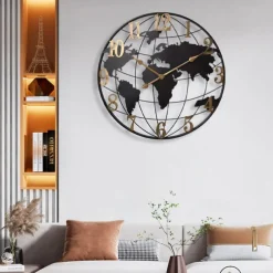 Large Wall Clock World Map Modern Mute Simple Round Iron Design Living Room Corridor Decoration Electronic Clock 60cm