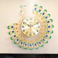 Large Wall Clocks for Living Room Decor Gold Decoration Wall Clock Silent Battery Operated Non Ticking for Bedroom Kitchen 15 Inch Retro Peacock Crystal Wall Watch Quartz for Home Office Indoor