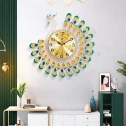 Large Wall Clocks for Living Room Decor Gold Decoration Wall Clock Silent Battery Operated Non Ticking for Bedroom Kitchen 15 Inch Retro Peacock Crystal Wall Watch Quartz for Home Office Indoor